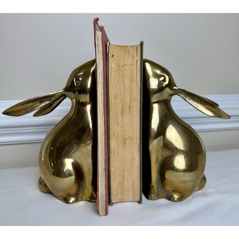 Vintage Brass Bunny Rabbit Bookends Pair MCM Cottagecore Farmhouse Gold Hares